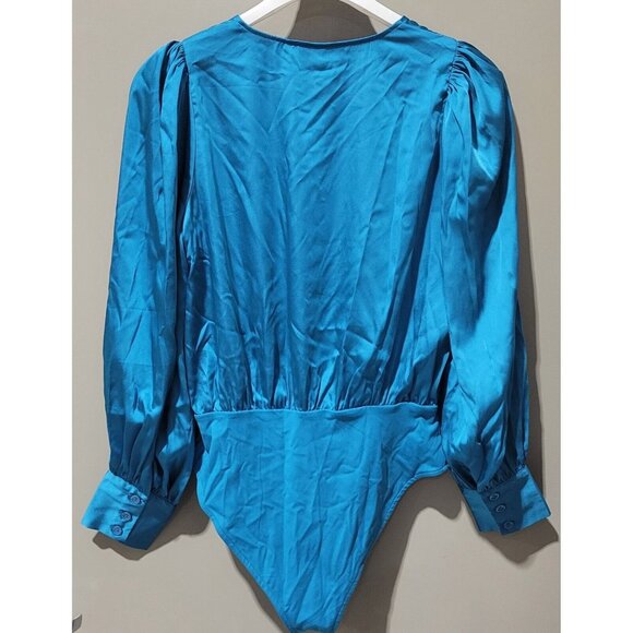 Sergio Hudson Size Small Turquoise Metallic Blue Crossover Front Satin Bodysuit - Picture 4 of 7